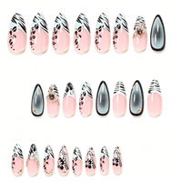 Kuku Palsu Bentuk Almond 24 Buah Motif Bunga Leopard Berhias Rhinestone Gaya Ink-wash 3D