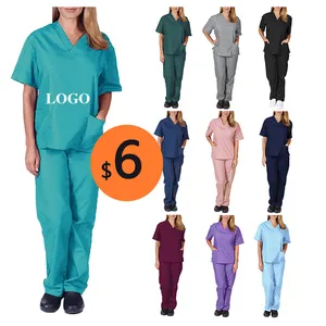 Low moq custom sample printed medical uniform nursing scrubs personalizados beauty salon scrub with logo