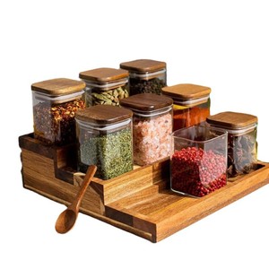 Wooden <b>Spice</b> Rack With Glass <b>Jars</b> Wooden Lids Airtight Storage For Kitchen Countertop 23x22x7.5Cm - Product Image 4