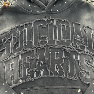 Custom Streetwear High Quality <b>Rhinestone</b> <b>Hoodie</b> Heavyweight Cotton Distress Letter Patch Vintage Oversized Washed Men's <b>Hoodie</b> - Product Image 2