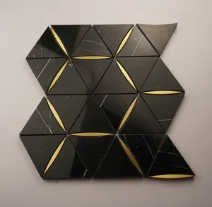 클래식 블랙 대리석 디자인 육각 믹스 삼각형 모자이크 Backsplash 벽 돌 인레이 골드 금속 모자이크 바닥 타일
