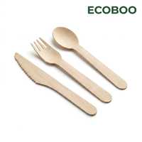 Ensemble de couverts jetables biodégradables en bois de bouleau, fourchette, couteau, cuillère en bois, ustensiles de table écologiques pour les fêtes et le camping