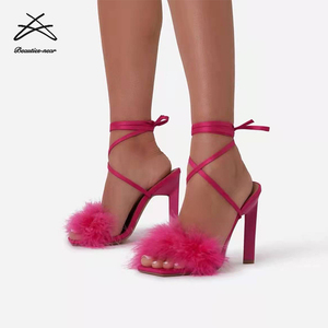 Nuovi Sandali da Donna con <span class=keywords><strong>Piume</strong></span>, <span class=keywords><strong>Scarpe</strong></span> con Plateau e Lacci alla Caviglia, Sandali con Tacco Alto Stravagante per Club e Feste - Product Image 5