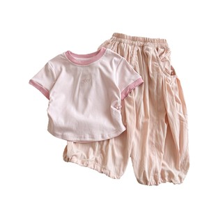 Tongxingyuan Girls Summer Outfit Set Short Sleeve Cotton Two Piece Thin Solid Color Children's Clothing - Product Image 4