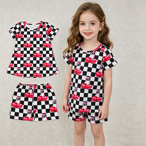 Conjuntos de Ropa para Niñas Pequeñas, Camiseta y Pantalones Cortos con Estampado de Flores a Cuadros Cereza, Estilo Casual, Venta al Por Mayor, RTS Boutique - Product Image 1