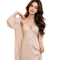 Ensemble de pyjama deux pièces en satin de polyester respirant, style français, longueur genou, manches longues, avec bretelles, pour l'été