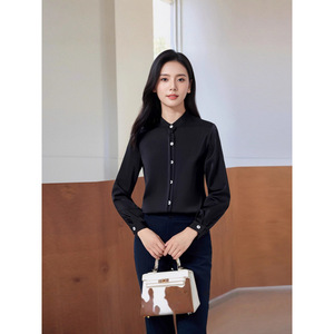 Women's Burgundy Stand Up Collar Shirt Long Sleeve Formal Work Wear Professional Interview Top - Product Image 4