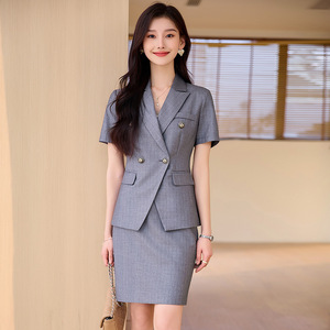 Women's Summer Short Sleeve <b>Blazer</b> Suit <b>Set</b> With Skirt Anti-Wrinkle Worsted Fabric Professional Office Wear - Product Image 2