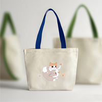 Sac fourre-tout en toile imprimé chat de dessin animé, poignée bleue, réutilisable, écologique, recyclable, personnalisable, tendance, avec logo personnalisé, pour enfants, usage quotidien