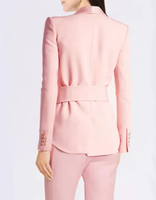 Blazer élégant pour femmes, mode, col en V, double boutonnage métallique, ceintures, uni, wisteria, tissé, costume de bureau pour femmes