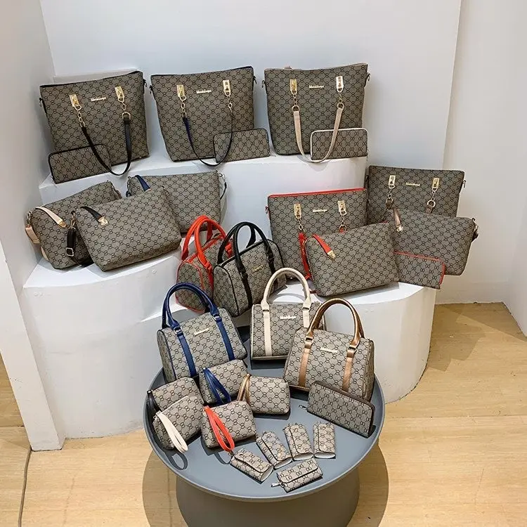 Conjunto de bolsas e carteiras para mulheres, bolsas de mão de couro PU com 6 peças por atacado na China, conjunto para mulheres