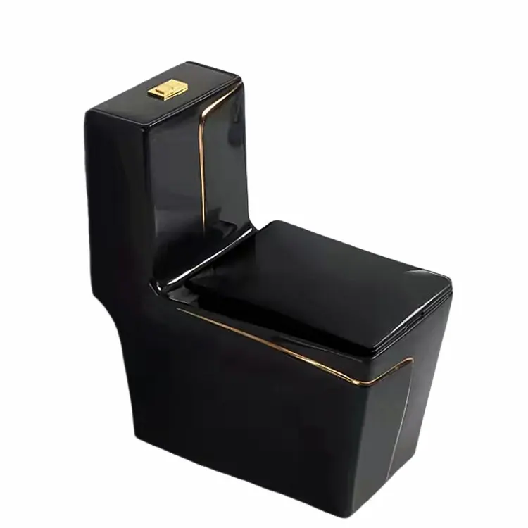Luxury Black and Gold Square Shaped One Piece WC Toilet Shower Chinese Ceramic WC Toilets and Sinks