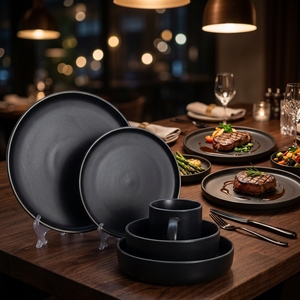 Wholesale Matte Black Ceramic Dinnerware Set | 4-Piece Modern Minimalist Stoneware Plates Bowls | Lead-Free Prop 65 Comp