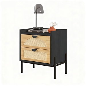 Bàn cạnh giường ngủ bằng mây hiện đại với 2 ngăn kéo, giá đỡ ban đêm màu đen và tự nhiên với chân kim loại cho phòng ngủ - Product Image 3