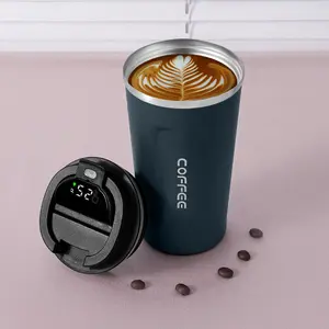 Cangkir kopi Travel termal tutup led baja tahan karat luar ruangan anti bocor Logo kustom mug kopi terisolasi vakum Thermo digital