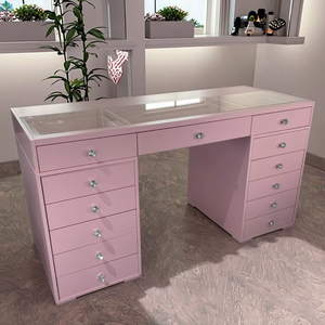 Modern PINK Wood Lighted <strong>Makeup</strong> Vanity Dressing <strong>Table</strong> with Storage Panel Mirror for Hotel Apartment Bedroom - Product Image 2