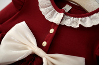 Robe à manches longues pour filles avec col en dentelle et volants, jupe florale 3D avec roses, grand nœud en satin, tenue de princesse élégante