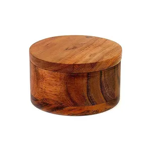 Acacia Wood Salt or Spice Box with Swivel Cover Perfect for Keeping Table Salt, Gourmet Salts, Herbs or Favorite seasonings