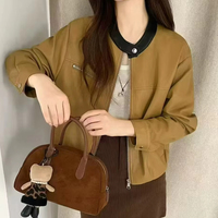 Veste courte décontractée pour femme en similicuir PU avec col contrastant, fermeture éclair et poches