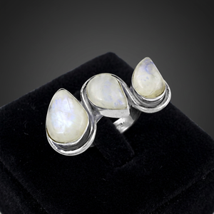Art Palace 925 Silver <b>Cluster</b> Ring with Natural Rainbow Moonstone Bezel Setting Bohemia Style Unisex Everyday Wear - Product Image 1