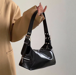 Sac à bandoulière noir brillant en PU, sac à main sous le bras, pochette zippée à sangle unique pour les voyages quotidiens - Product Image 1