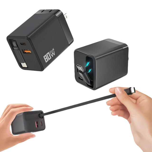Wholesale Price PD 80W Gan Fast Charging Type c Phone  Charger with Retractable Cords Cable