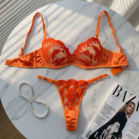 Set Bra dan Thong Wanita dengan Bordir Bunga, Bahan Mesh Transparan, Berkawat, 2 Potong, Set Lingerie Plus Size, Set Bra Seksi, Pakaian Dalam