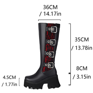 Metal Buckles Chunky Heels Women <b>Knee</b> <b>High</b> Boots Thick Sole Square Toe Long Booties Side Zipper Platform Lace Patchwork Shoes - Product Image 6