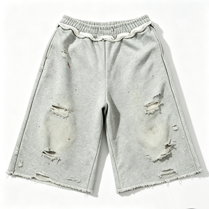 Shorts en molleton streetwear amples et courts, imprimé DTG Kornit intégral, motif graffiti <span class=keywords><strong>smiley</strong></span> flamme, ourlet déchiré et effiloché, taille élastique - Product Image 3