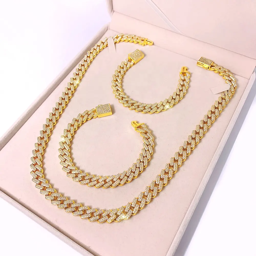 HipHop Miami Cuban Link Chain Anklet Set Choker Real Gold Iced Out CZ Diamond Cuban Chain Necklace