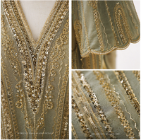 Abaya longue transparente à col montant, manches trois-quarts, broderie verticale complète de sequins dorés, personnalisable OEM ODM | Robe de mariée musulmane