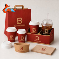 Ensemble de gobelets à café en papier rouge avec logo personnalisé, manchon pour gobelet chaud ou froid, plateau porte-gobelets, sac en kraft, serviette, emballage de marque pour café à emporter