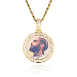 Vintage Iced Out Custom Pendants Diy Round Blank Zirconia Photo Frame Pendant Necklace