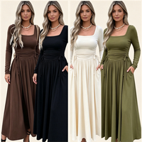 Robe longue décontractée en maille pour femme, col carré, manches longues, taille ajustable avec cordon, coupe trapèze, idéale pour les vacances, personnalisable OEM