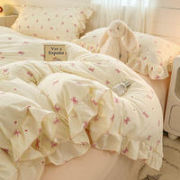 Design floral doux dentelle bord 4 pièces drap housse de couette lavé microfibre couvre-lit drap literie à volants housse de couette ensemble