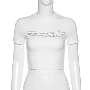 Low MOQ Custom Bling Cropped Tops Tees Shirt With Rhinestone Logo