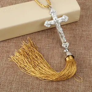 KOMI Silver Metal Alloy Jesus Cross with Tassels Prayer Pendant Wall Hanging Lucky Crucifix Charm Car Ornaments Crafts