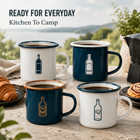 Mug de camping en émail avec logo personnalisé, vente en gros, tasse à café vintage en acier avec motif nature, promotion de vente au détail pour l'extérieur, ustensiles de cuisine