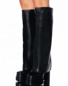 Overlay Wide Leg Fit Shoes Women High Chunky Heel Knee High Platform <b>Boots</b> Fold Over Square Toe on Long Booties - Product Image 2