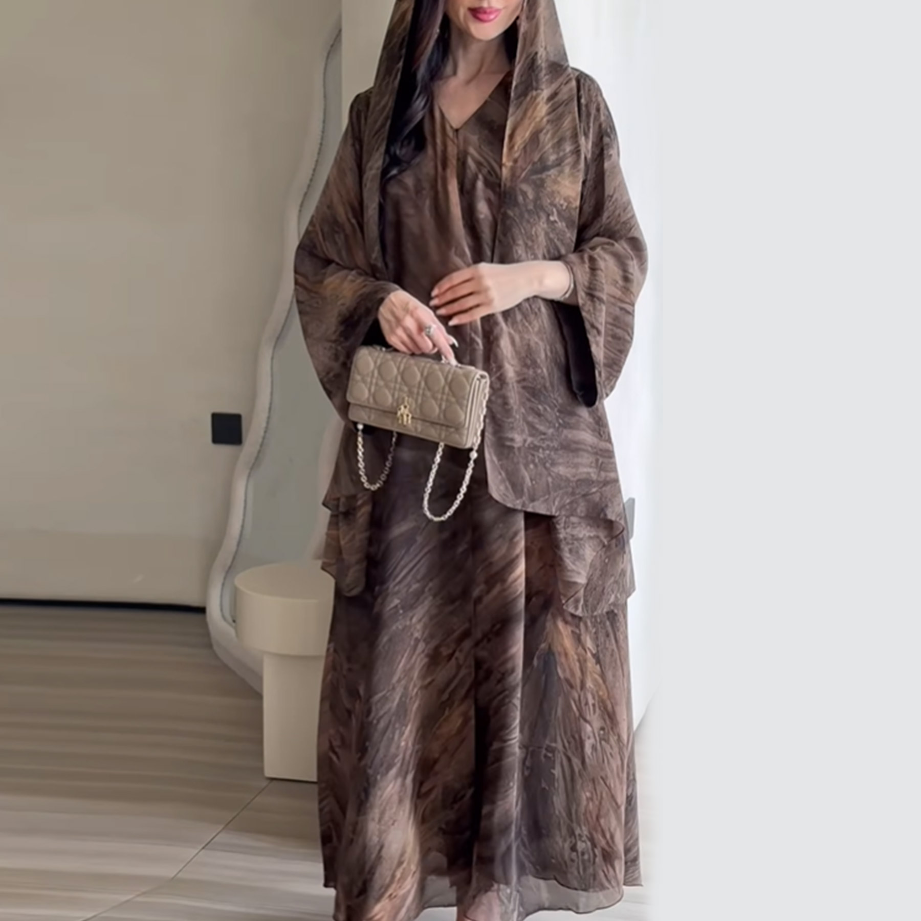 Chiffon Abaya Dress Elegant Long Sleeve Muslim Women's Maxi