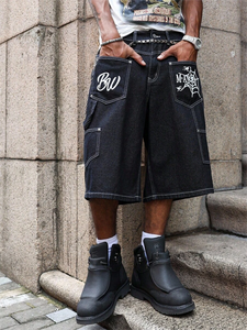 سراويل جينز كاجوال للرجال على طراز الشارع مطبوعة بشعار مخصص شورت جينز للرجال فضفاض جرافيك Jorts للرجال - Product Image 4