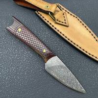 Couteau à lame fixe en acier Damas, manche en bois intégral, étui en cuir, couteau de camping, de chasse et EDC pour l'extérieur