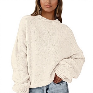 Pull en tricot à col rond et manches chauve-souris pour femme, couleur unie, décontracté, automne, 100% acrylique, manches longues, tricoté à la main - Product Image 1