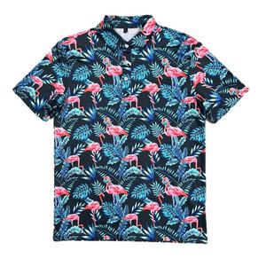 เสื้อโปโลผู้ชายลายฟลามิงโกแบบกำหนดเอง ผ้าไหมนม ระบายอากาศได้ดี แห้งเร็ว พิมพ์ลายดอกไม้ สำหรับเล่นกีฬากอล์ฟ - Product Image 1