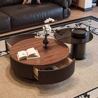Ensemble de tables basses modernes 2 pièces imbriquées avec plateau en noyer, tiroir de rangement cannelé et table d'appoint en verre noir pour table basse