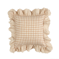 Französischer Landhausstil Zweifarbiger Gingham-Kissenbezug mit Rüschenrand 18x18 Zoll Natürliche Baumwolle Leinen Quadratischer Dekorativer Kissenbezug