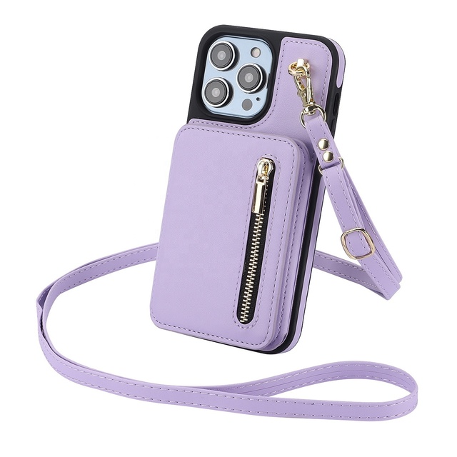Crossbody PU Leather Back Case for IPhone 16 15 14 13 12 11 Pro MAX Zipper Lanyard Wallet Card Slot Magnetic Stand Phone Cover