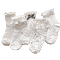 Chaussettes d'hiver pour enfants, en polyester/coton jacquard respirant, à dentelle, polyvalentes, pour filles, blanches, style princesse, mi-mollet, à motif aiguille