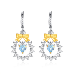 9 Pendientes Colgantes de Moda con Cristales Flotantes, Lazo y Flor, Plata 925 Bañada en Oro, Piedra Natural de Corte Corazón de 4mm, Joyería para Mujer - Product Image 1
