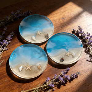 Sous-verre en résine et bois style bohème bord de <span class=keywords><strong>mer</strong></span>, isolant thermique motif vague océanique, tapis de table souvenir de voyage en bord de <span class=keywords><strong>mer</strong></span> personnalisable - Product Image 1